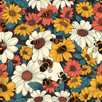 Colorful illustration of bumblebees on white, orange, and yellow flowers with green leaves.