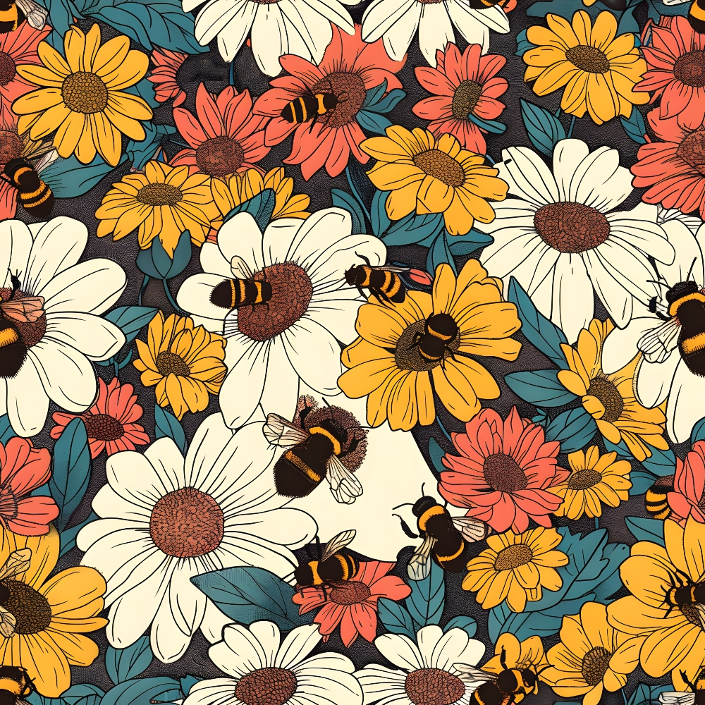Colorful illustration of bumblebees on white, orange, and yellow flowers with green leaves.