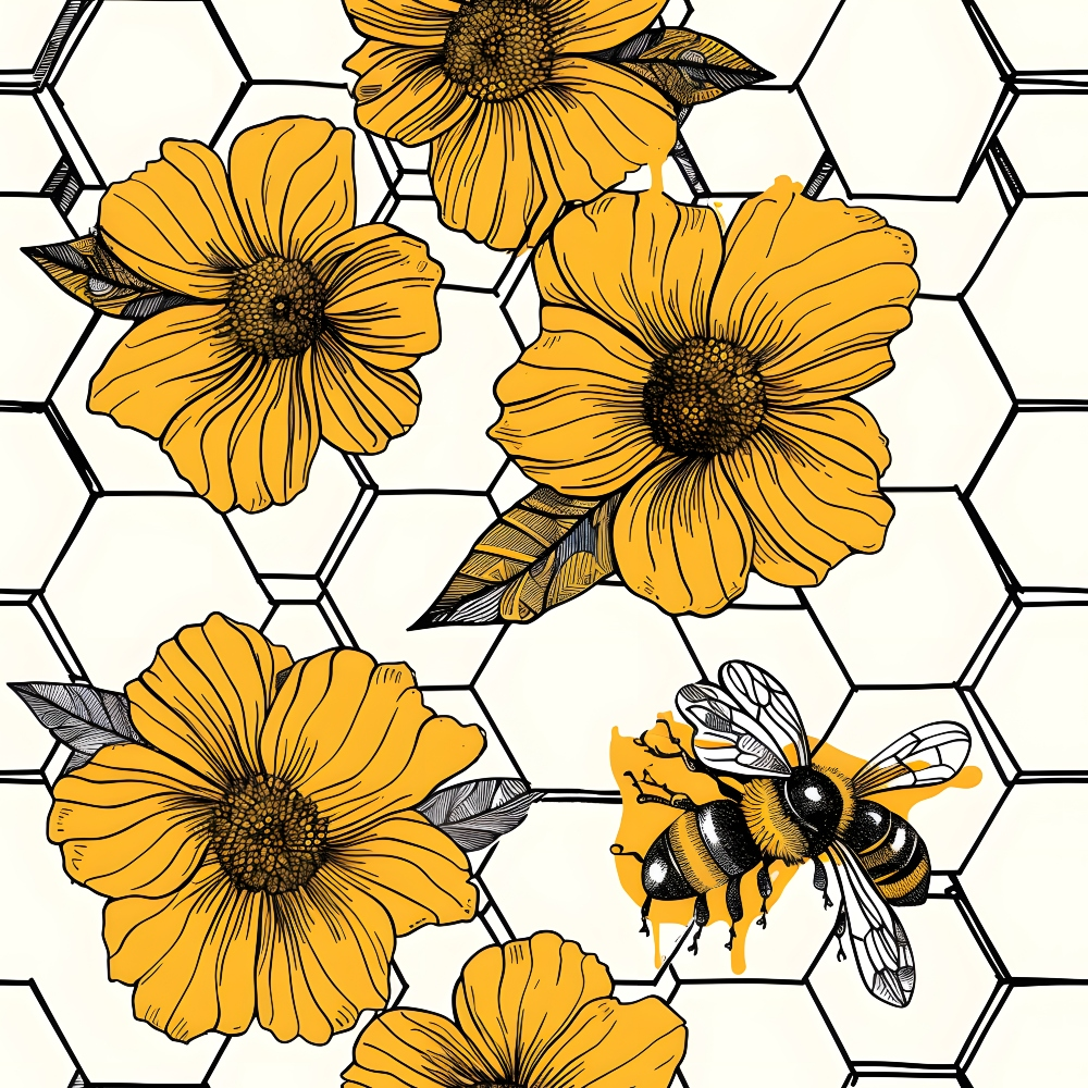 Illustration of yellow flowers and a bee against a black-and-white honeycomb pattern background.