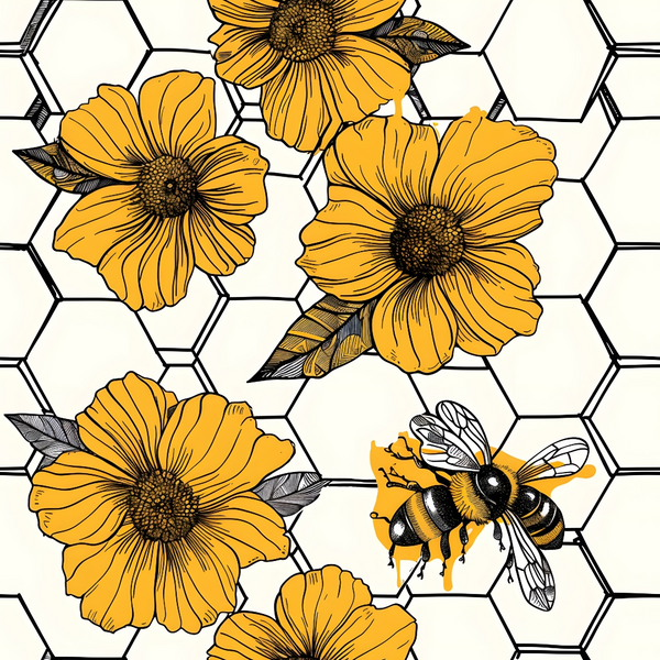 Illustration of yellow flowers and a bee against a black-and-white honeycomb pattern background.