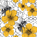 Illustrated pattern of bumblebees on yellow flowers with a honeycomb background.