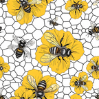 Illustration of bees and yellow flowers on a honeycomb-patterned background.