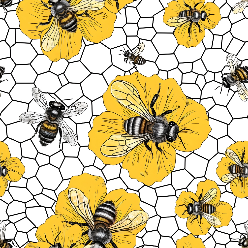 Illustration of bees and yellow flowers on a honeycomb-patterned background.