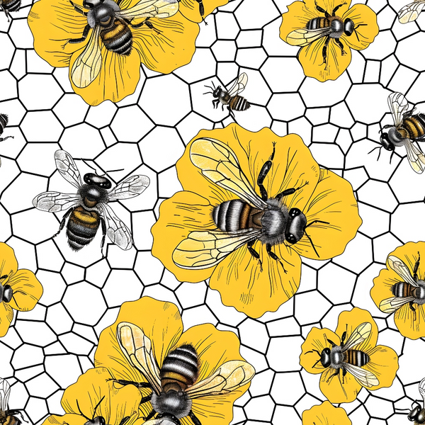Illustration of bees and yellow flowers on a honeycomb-patterned background.