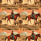 A repeated pattern of a cowboy on horseback with a backdrop of mountains and old western buildings.
