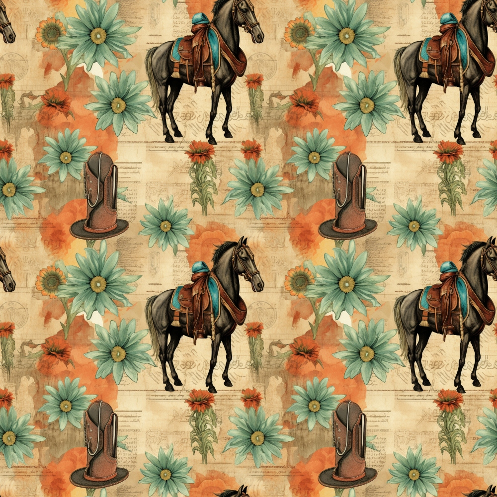 Pattern with horses, cowboy hats, and large flowers on a beige background. The design alternates between the elements, creating a rustic, Southwestern theme.