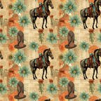 Pattern with horses, cowboy hats, and large flowers on a beige background. The design alternates between the elements, creating a rustic, Southwestern theme.