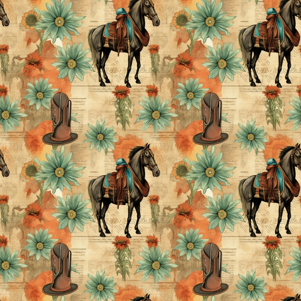 Pattern with horses, cowboy hats, and large flowers on a beige background. The design alternates between the elements, creating a rustic, Southwestern theme.