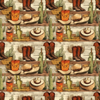 Seamless pattern featuring cowboy boots, hats, cacti, and orange juice on a wooden background.