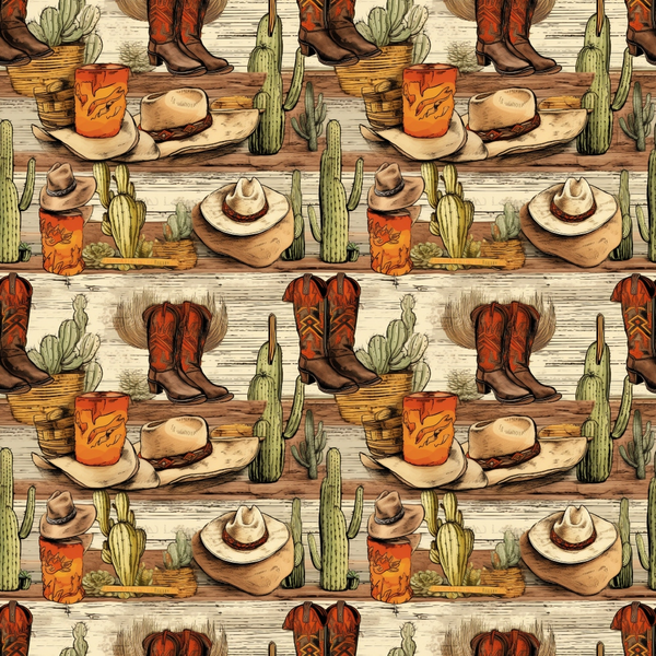 Seamless pattern featuring cowboy boots, hats, cacti, and orange juice on a wooden background.