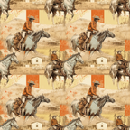Pattern featuring cowboys riding horses, repeating across a background with rustic colors and landscape elements such as trees and barns.