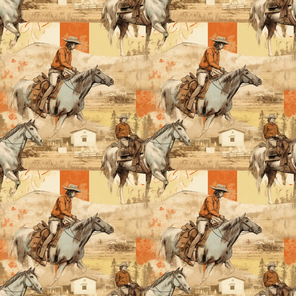 Pattern featuring cowboys riding horses, repeating across a background with rustic colors and landscape elements such as trees and barns.