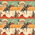 Patterned image of cowboys riding horses against desert and mountain backgrounds, repeated across the design with muted colors.