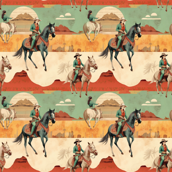 Patterned image of cowboys riding horses against desert and mountain backgrounds, repeated across the design with muted colors.