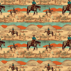 Patterned illustration of cowboy figures on horseback in a desert landscape with mountains, cacti, and rustic structures, repeated in rows.