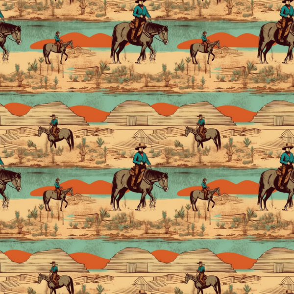Patterned illustration of cowboy figures on horseback in a desert landscape with mountains, cacti, and rustic structures, repeated in rows.