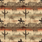Seamless pattern featuring a cowboy on horseback, large cacti, and desert scenery in shades of brown and orange.
