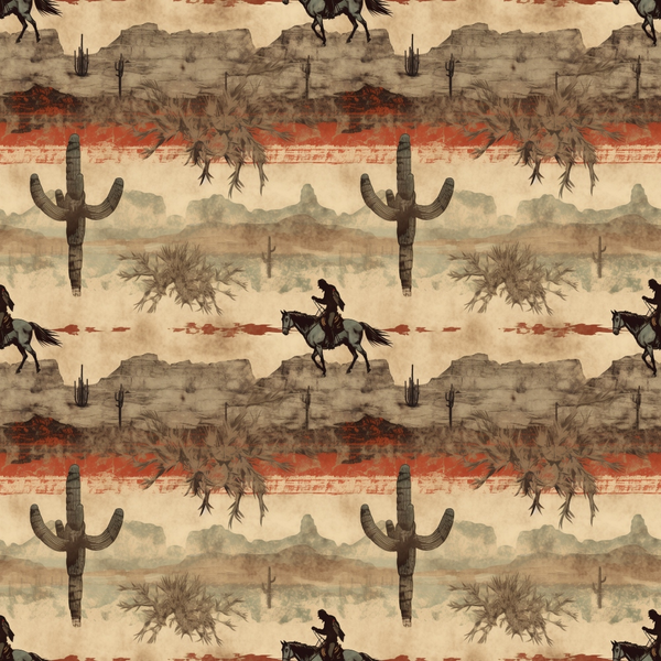 Seamless pattern featuring a cowboy on horseback, large cacti, and desert scenery in shades of brown and orange.