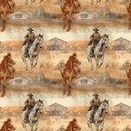 Vintage-style pattern featuring cowboys on horses, rustic barns, and fading landscape in sepia tones.