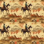 Seamless pattern: cowboys on horseback, mountains, barnhouses, and orange geometric shapes on a beige background.