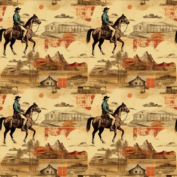 Seamless pattern: cowboys on horseback, mountains, barnhouses, and orange geometric shapes on a beige background.