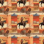 Pattern featuring cowboys on horseback, barns, mountains, and desert landscapes with a warm color palette of reds, oranges, and browns.