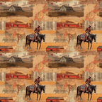 Repeating pattern of a cowboy riding a horse in a rustic landscape, featuring wooden fences, trees, cattle, and farm buildings.