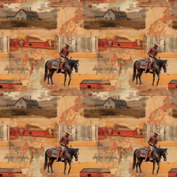 Repeating pattern of a cowboy riding a horse in a rustic landscape, featuring wooden fences, trees, cattle, and farm buildings.