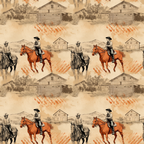 Seamless pattern of cowboys riding horses with barns in the background on a beige and orange textured backdrop.