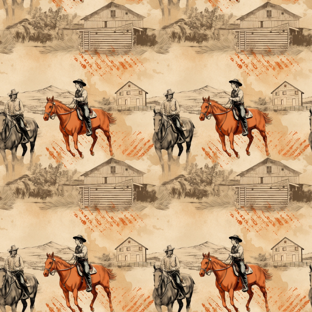 Seamless pattern of cowboys riding horses with barns in the background on a beige and orange textured backdrop.