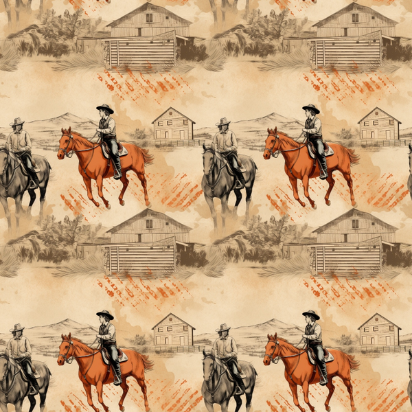 Seamless pattern of cowboys riding horses with barns in the background on a beige and orange textured backdrop.