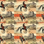Seamless pattern of cowboys on horseback in Western landscapes with desert and mountains, featuring a vintage style in red, beige, and black tones.