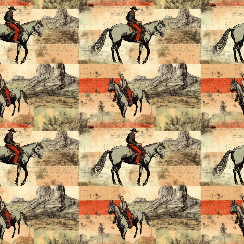 Seamless pattern of cowboys on horseback in Western landscapes with desert and mountains, featuring a vintage style in red, beige, and black tones.