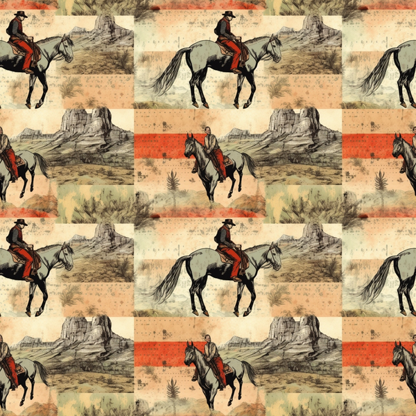 Seamless pattern of cowboys on horseback in Western landscapes with desert and mountains, featuring a vintage style in red, beige, and black tones.