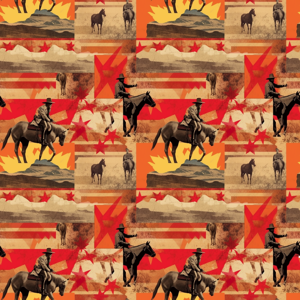 Pattern featuring cowboys on horses, desert landscapes, and red stars on an orange and red background.