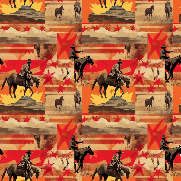 Pattern featuring cowboys on horses, desert landscapes, and red stars on an orange and red background.