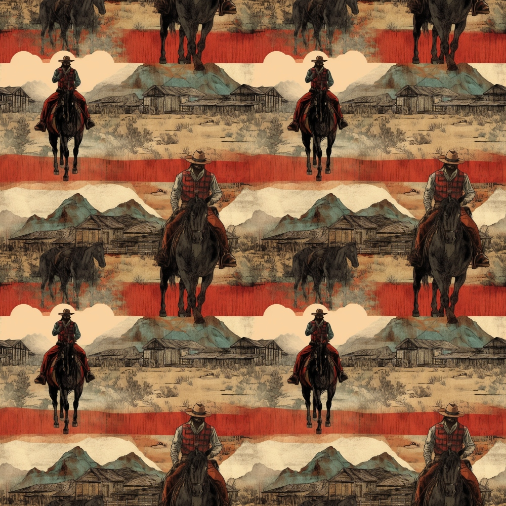 Pattern with cowboys riding horses, wearing hats, and distant mountains and buildings in the background. The design repeats horizontally and vertically with a reddish-brown color scheme.
