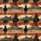 Pattern with cowboys riding horses, wearing hats, and distant mountains and buildings in the background. The design repeats horizontally and vertically with a reddish-brown color scheme.