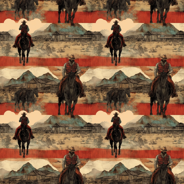 Pattern with cowboys riding horses, wearing hats, and distant mountains and buildings in the background. The design repeats horizontally and vertically with a reddish-brown color scheme.
