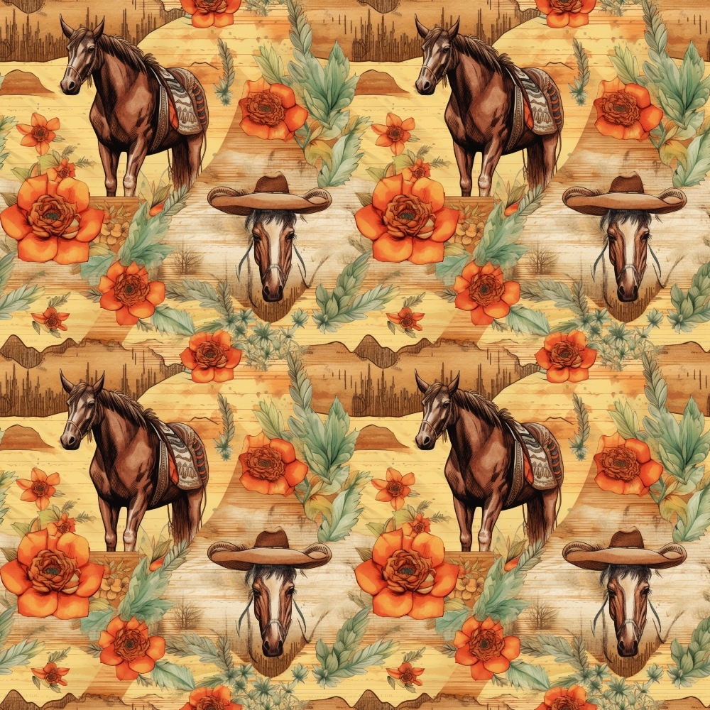 Pattern of horses, orange flowers, and cowboy hats against a rustic background.