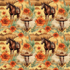 Pattern of horses, orange flowers, and cowboy hats against a rustic background.