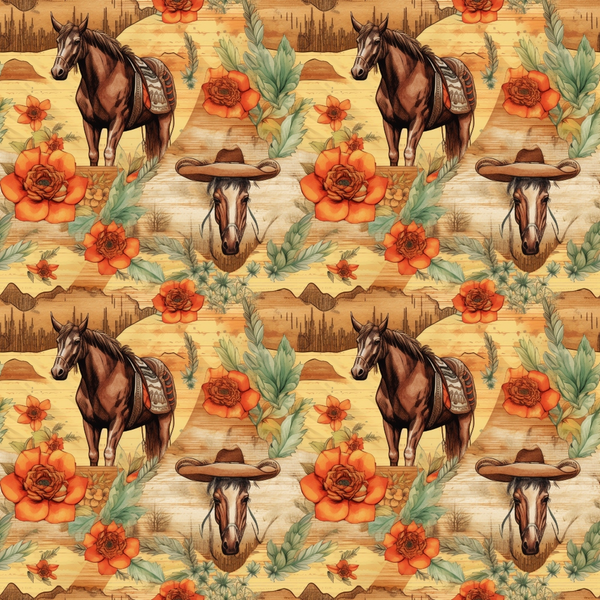 Pattern of horses, orange flowers, and cowboy hats against a rustic background.