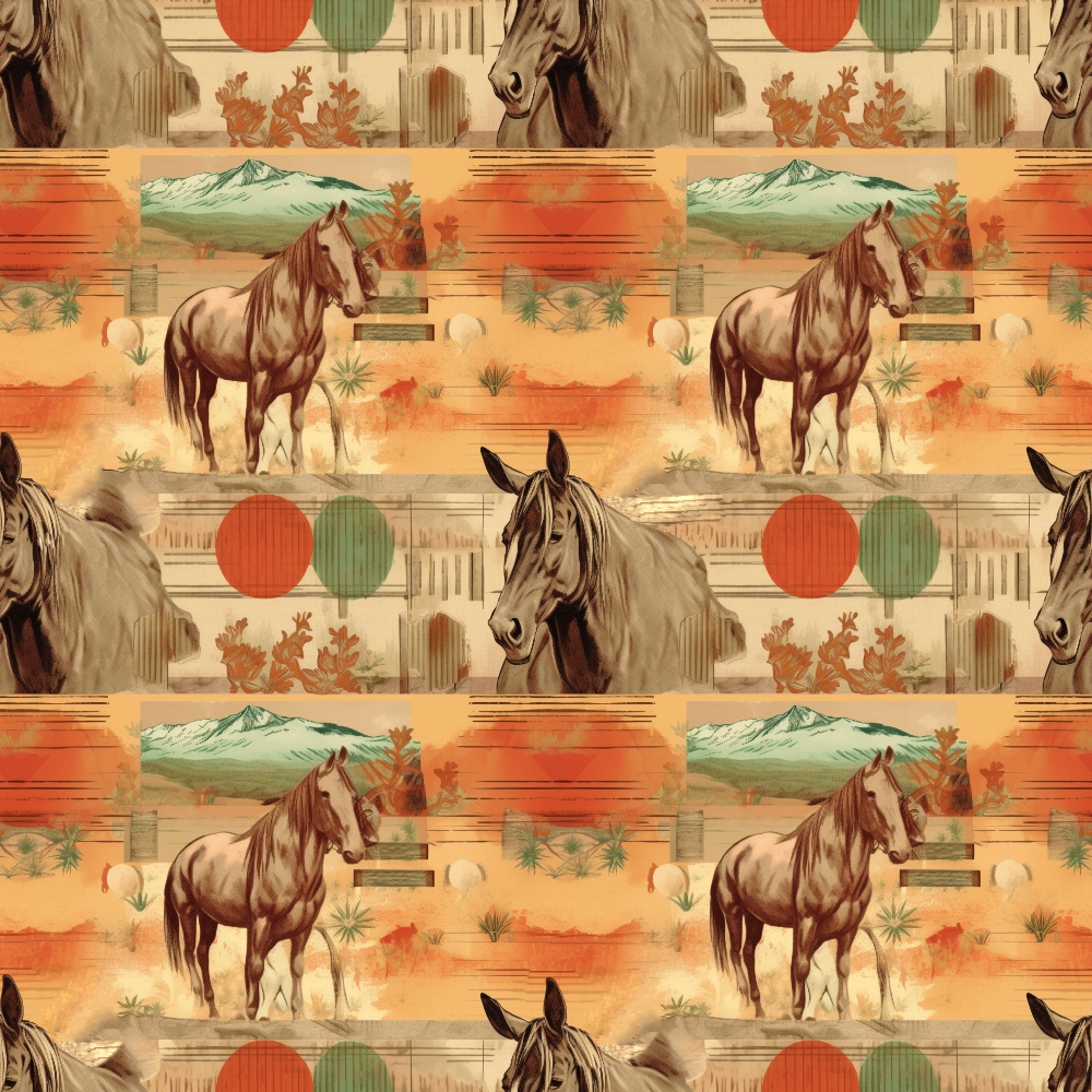 Seamless pattern with horses, mountains, and desert landscapes in warm tones, featuring suns and stripes.