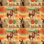 Seamless pattern with horses, mountains, and desert landscapes in warm tones, featuring suns and stripes.