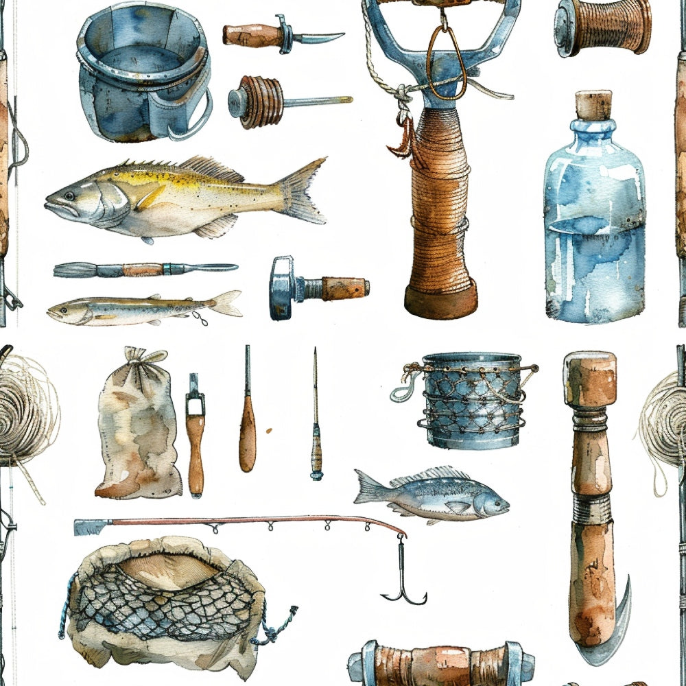 Hand-drawn fishing tools and fish pattern featuring a fish, bucket, net, knife, hook, and rope on a white background.
