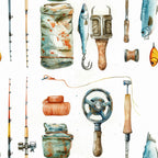 Illustrated fishing gear: rods, reels, hooks, fish, spool, and bait, arranged in a pattern on a white background.