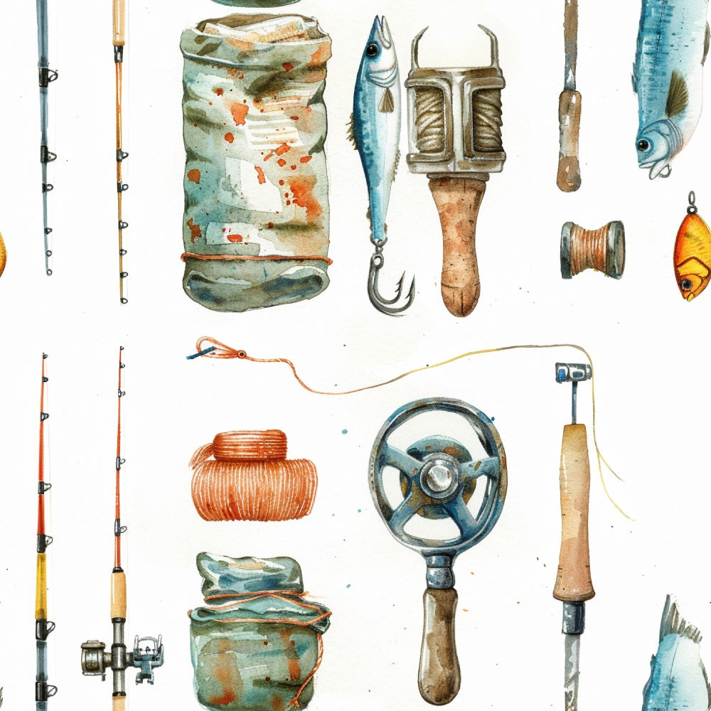 Illustrated fishing gear: rods, reels, hooks, fish, spool, and bait, arranged in a pattern on a white background.