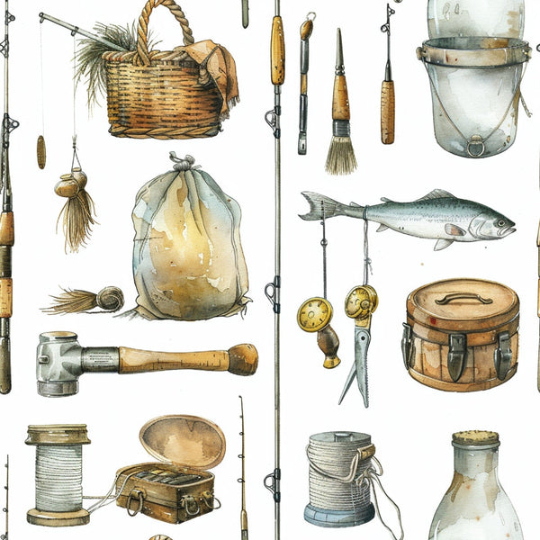 Illustrated fishing gear includes rods, hooks, a basket, bag, fish, hammer, spools, pliers, bucket, and a compass against a white background.