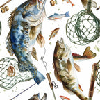 Illustration of various fish, fishing rods, nets, and small fish on a white background.