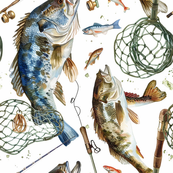 Illustration of various fish, fishing rods, nets, and small fish on a white background.